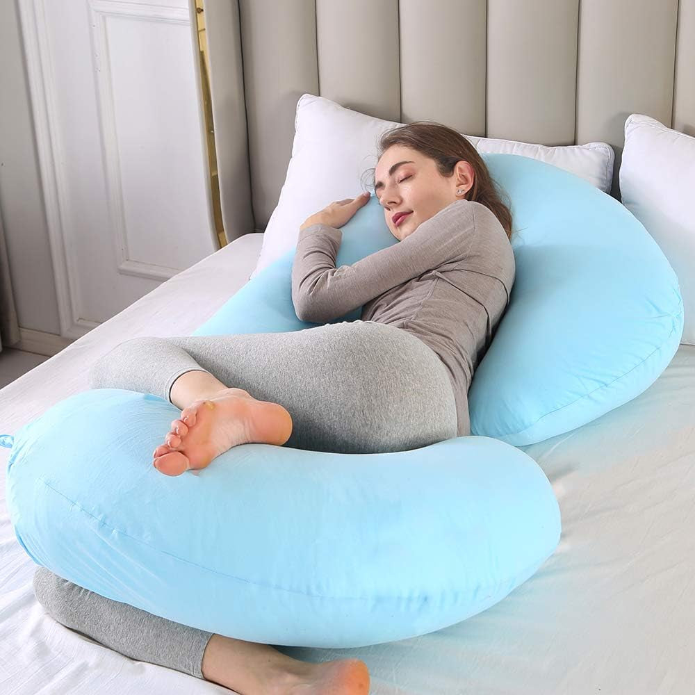 Pregnancy Pillow, C Shaped Full Body Pillow 52", Maternity Pillow Support for Back, Legs, Neck, HIPS for Pregnant Women with Removable Washable Jersey Cover(Lightblue)