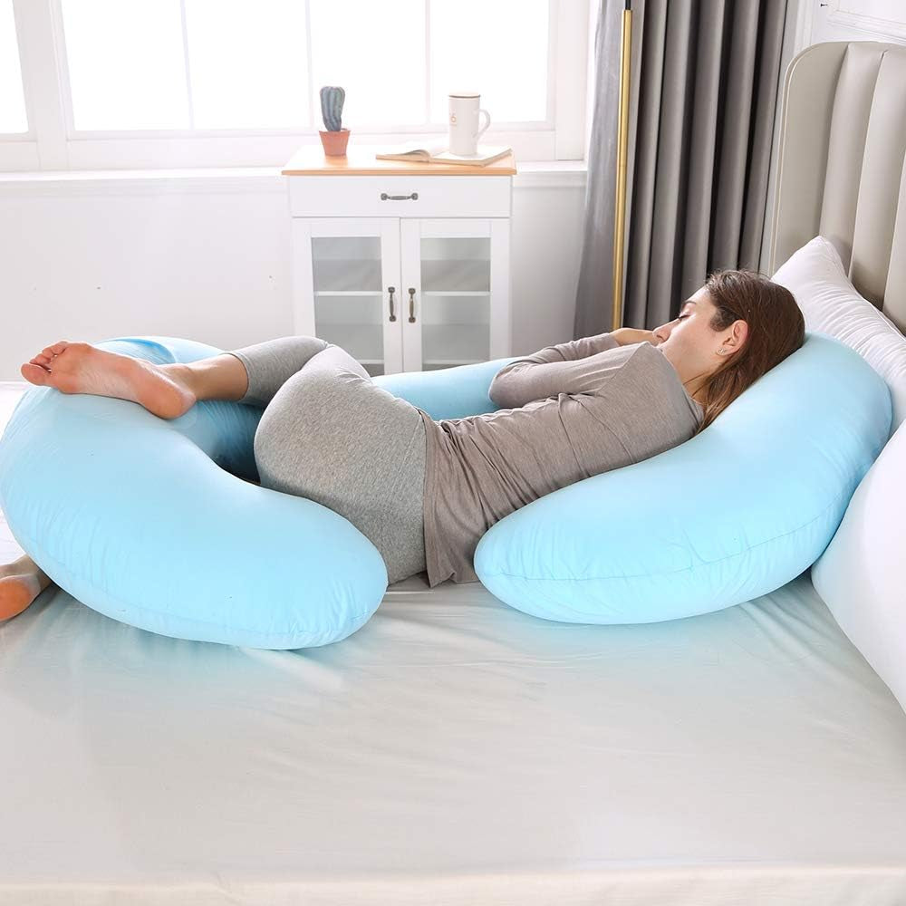 Pregnancy Pillow, C Shaped Full Body Pillow 52", Maternity Pillow Support for Back, Legs, Neck, HIPS for Pregnant Women with Removable Washable Jersey Cover(Lightblue)