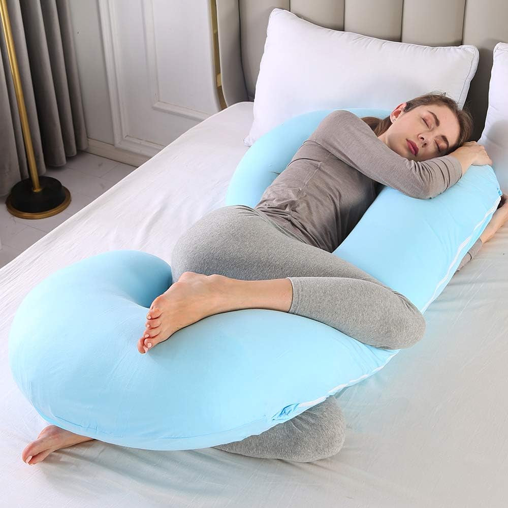 Pregnancy Pillow, C Shaped Full Body Pillow 52", Maternity Pillow Support for Back, Legs, Neck, HIPS for Pregnant Women with Removable Washable Jersey Cover(Lightblue)